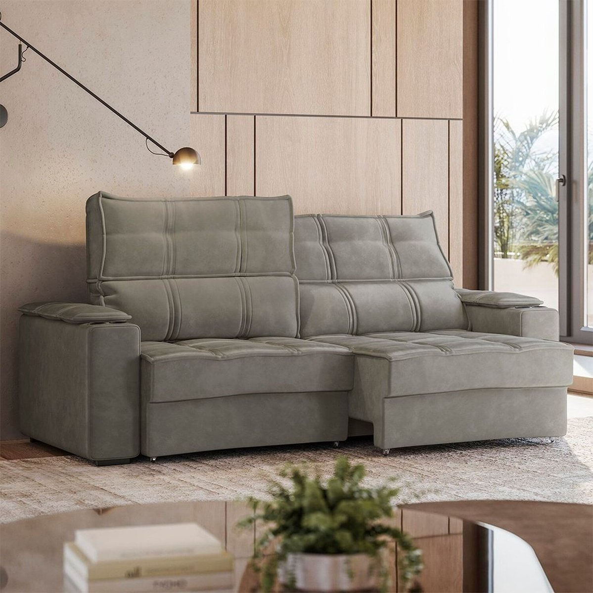 Sofá Retrátil E Reclinável 3 Lugares Com Porta Copos 210cm Cobán Espresso Móveis Capuccino Escuro