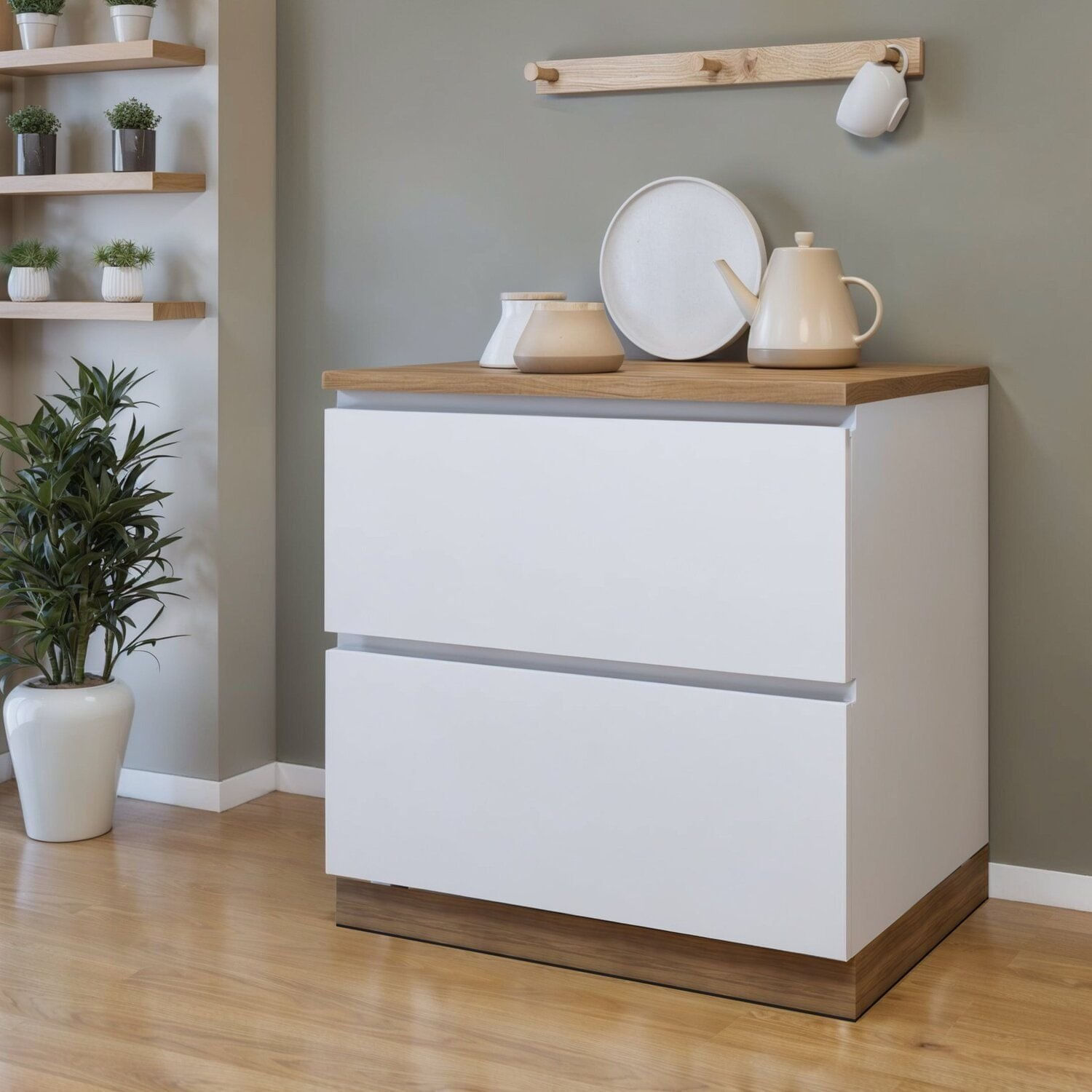 Balcão 1 Porta 1 Gaveta Com Rodapé 80 Cm 100% Mdf Rainha Branco/nature