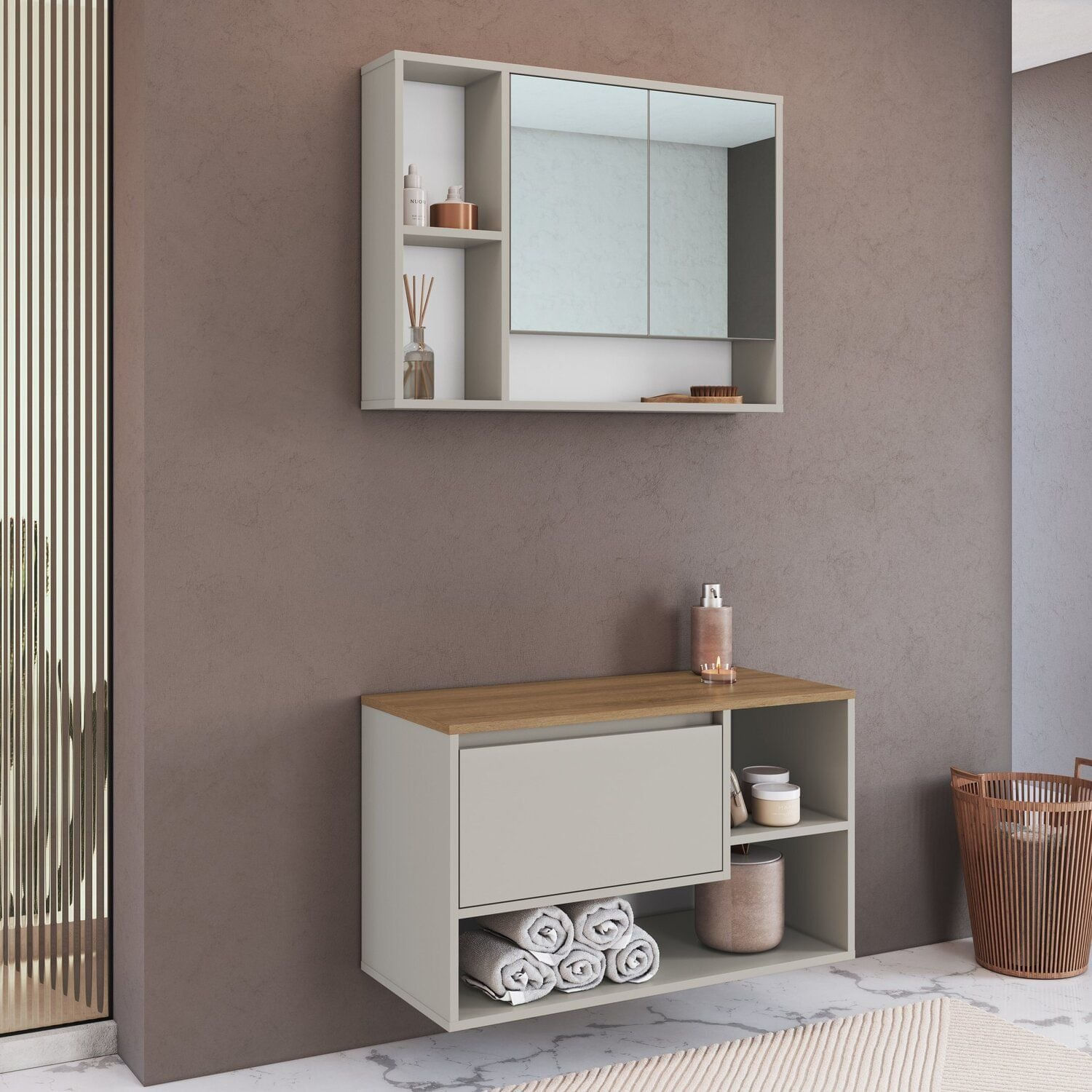 Conjunto Para Banheiro Gabinete Suspenso 80cm Com Espelheira Barcelona Arenas