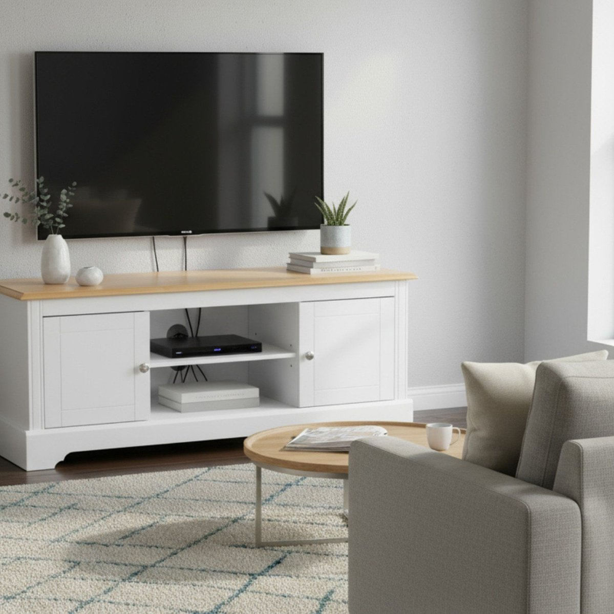 Rack Para Tv 50 Polegadas Tampo De Madeira Maciça Louise Branco / Mel