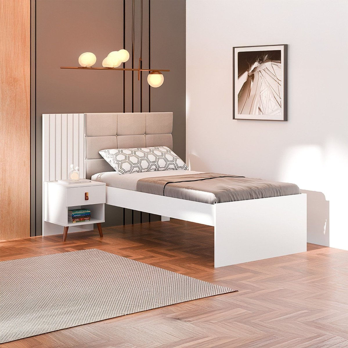 Cama De Solteiro Ripado Captone Lady Branco / Bege