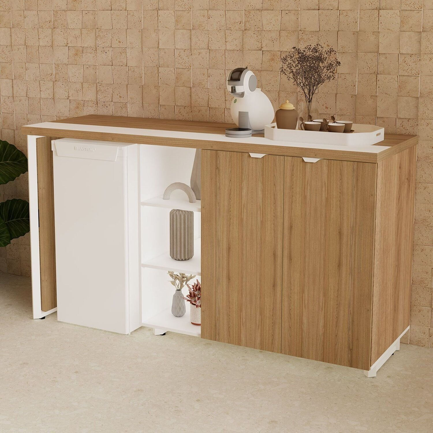 Aparador Frigobar Embutir Esquerdo Armário 2 Portas Com Pés Em Metal Corporate Macadâmia / Branco