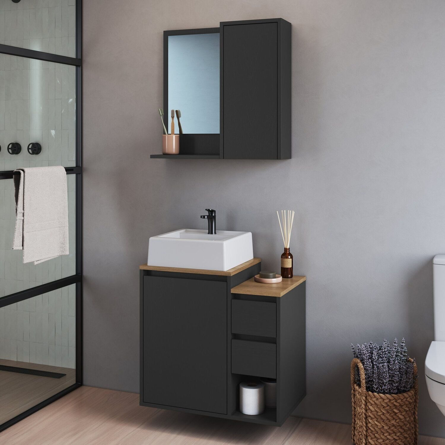 Conjunto Para Banheiro Gabinete Suspenso 60cm Com Cuba Espelheira Bari Grafite
