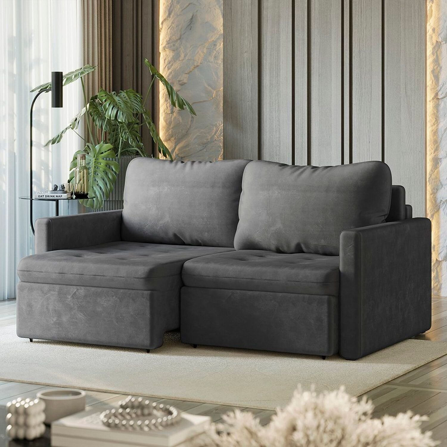 Sofá Cama Retrátil E Reclinável 3 Lugares Bipartido 246cm Masaya Espresso Móveis Cinza Escuro