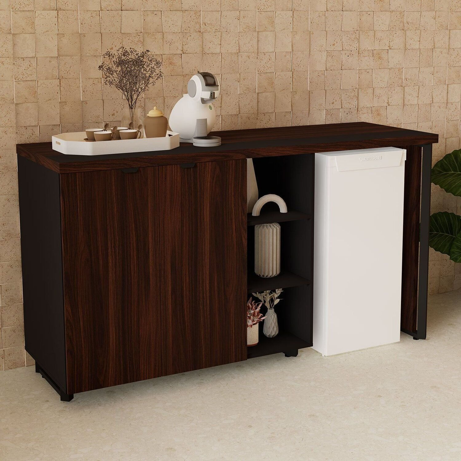 Aparador Frigobar De Embutir Direito Com Armário 2 Portas Pés Em Metal Corporate Louro Preto / Preto