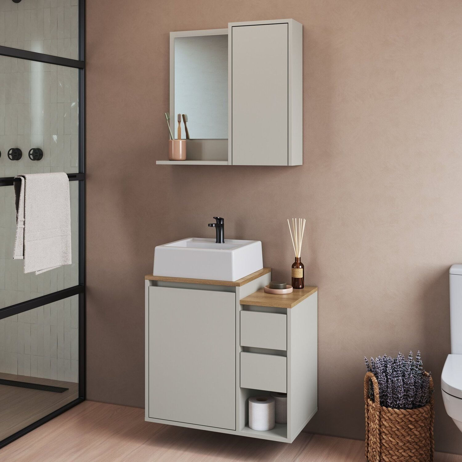 Conjunto Para Banheiro Gabinete Suspenso 60cm Com Cuba Espelheira Bari Arenas