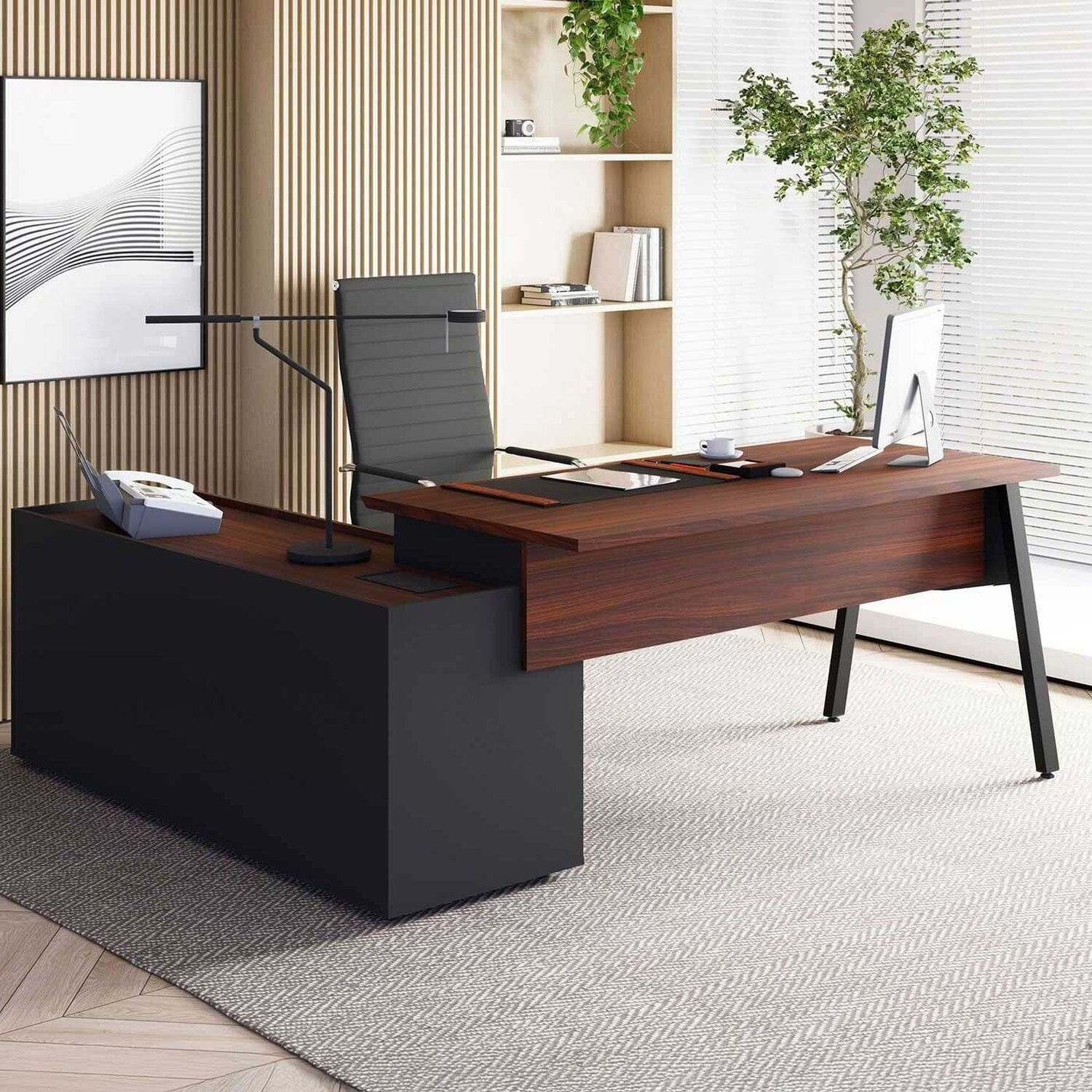 Mesa L Diretor Escritório 200cm Com Armário Lateral Tampo Cavado E Pés Metal Industrial Executive Louro Preto Com Preto