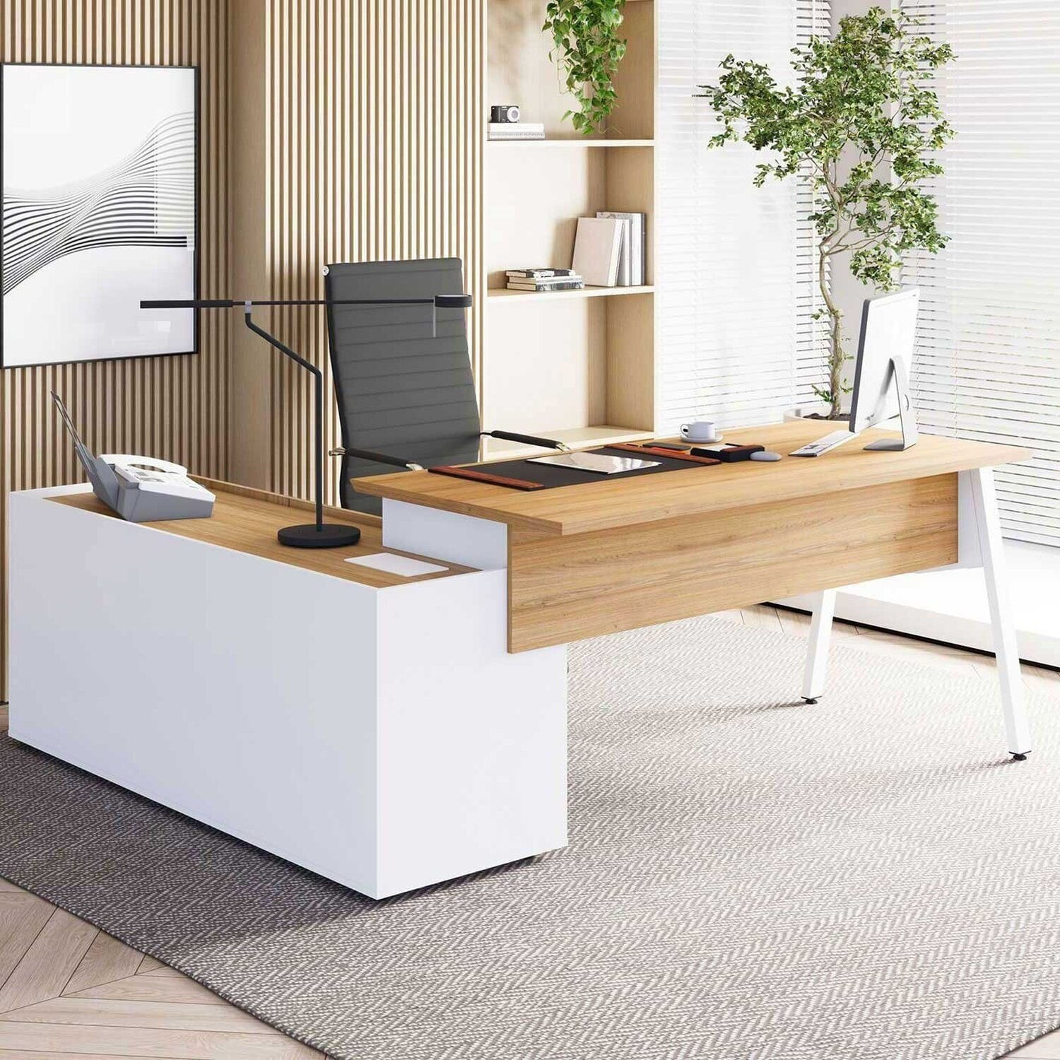 Mesa L Diretor Escritório 200cm Com Armário Lateral Tampo Cavado E Pés Metal Industrial Executive Macadâmia/branco