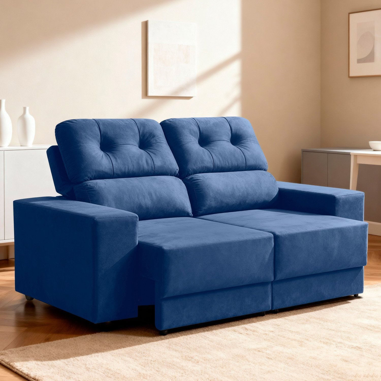 Sofá Retrátil E Reclinável 180cm Veludo Oslo Azul