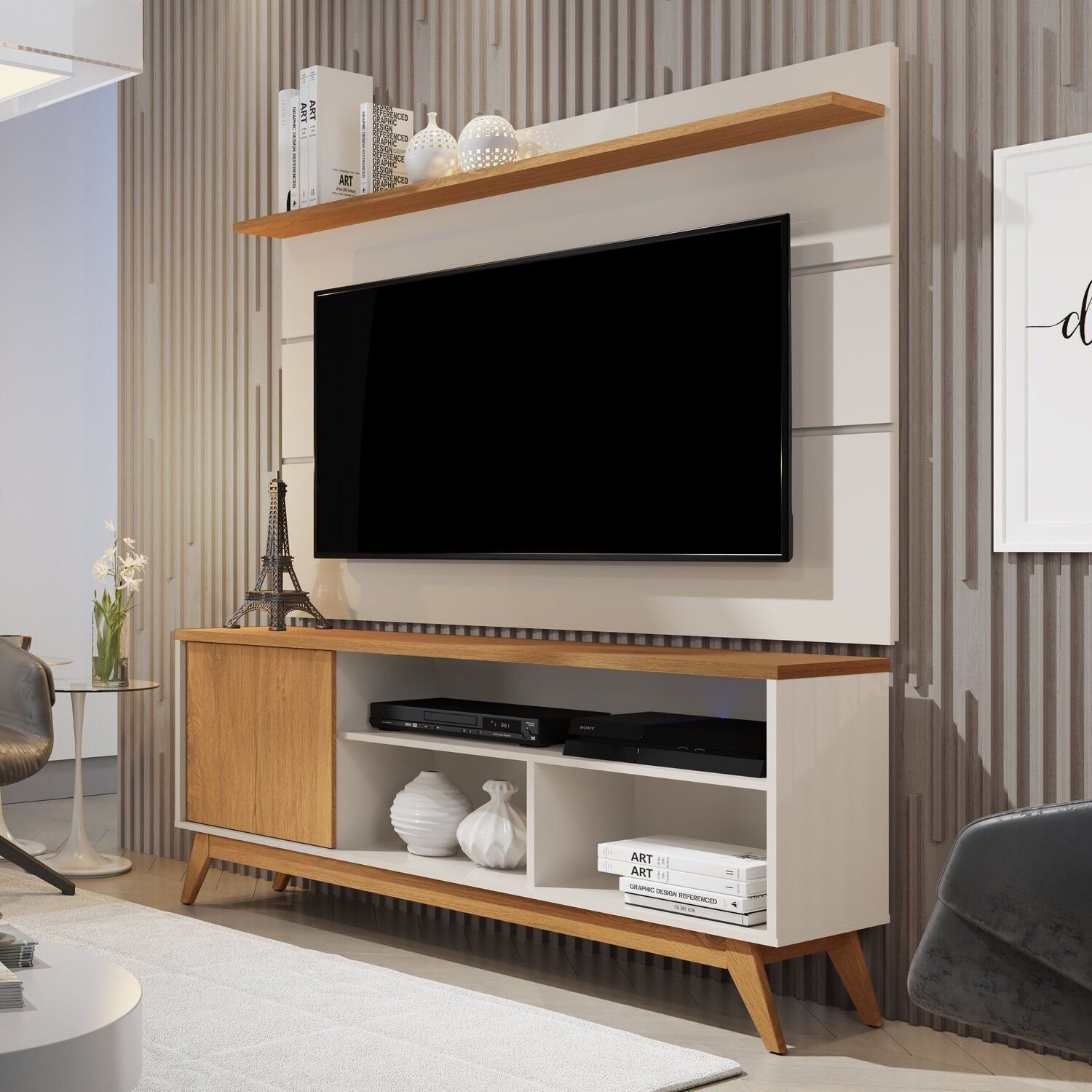 Rack Com Painel Para Tv 60 Polegadas Pés Madeira Maciça Retrô Malbec Wood Off White/nature