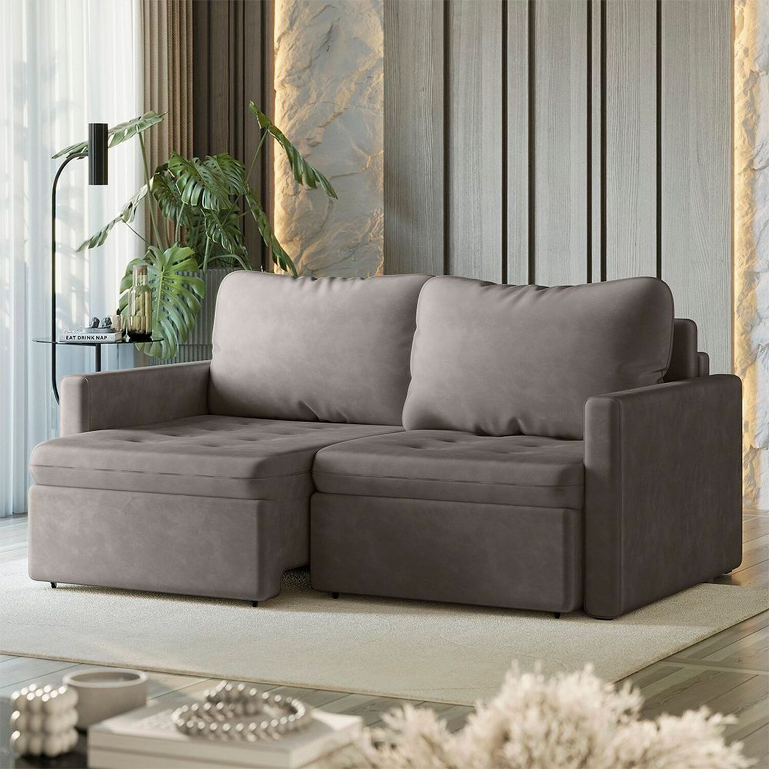 Sofá Cama Retrátil E Reclinável 3 Lugares Bipartido 246cm Masaya Espresso Móveis Capuccino Escuro