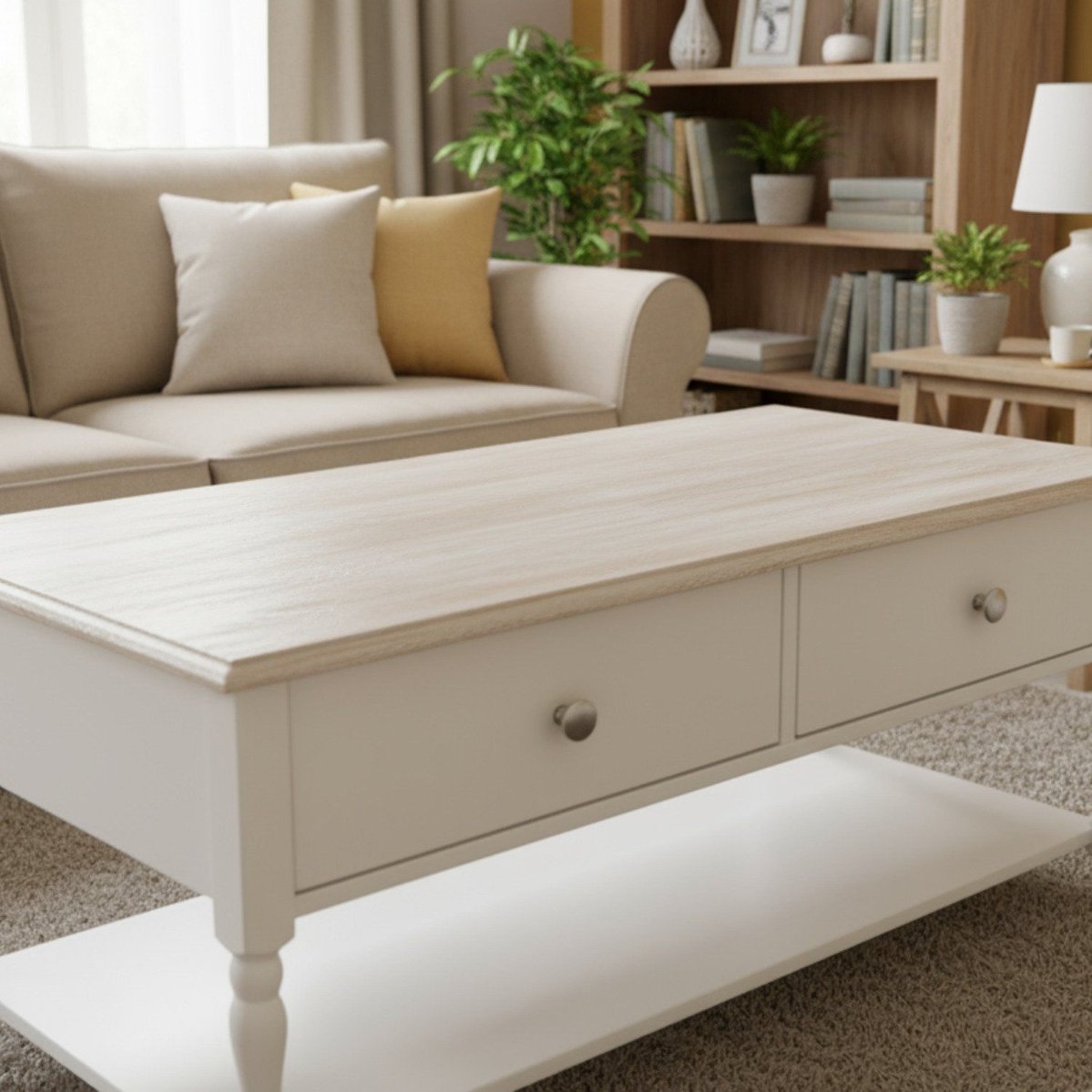 Mesa De Centro 2 Gavetas 100cm Tampo De Madeira Maciça Escovada Pés Torneados Louise Branco/ Patina