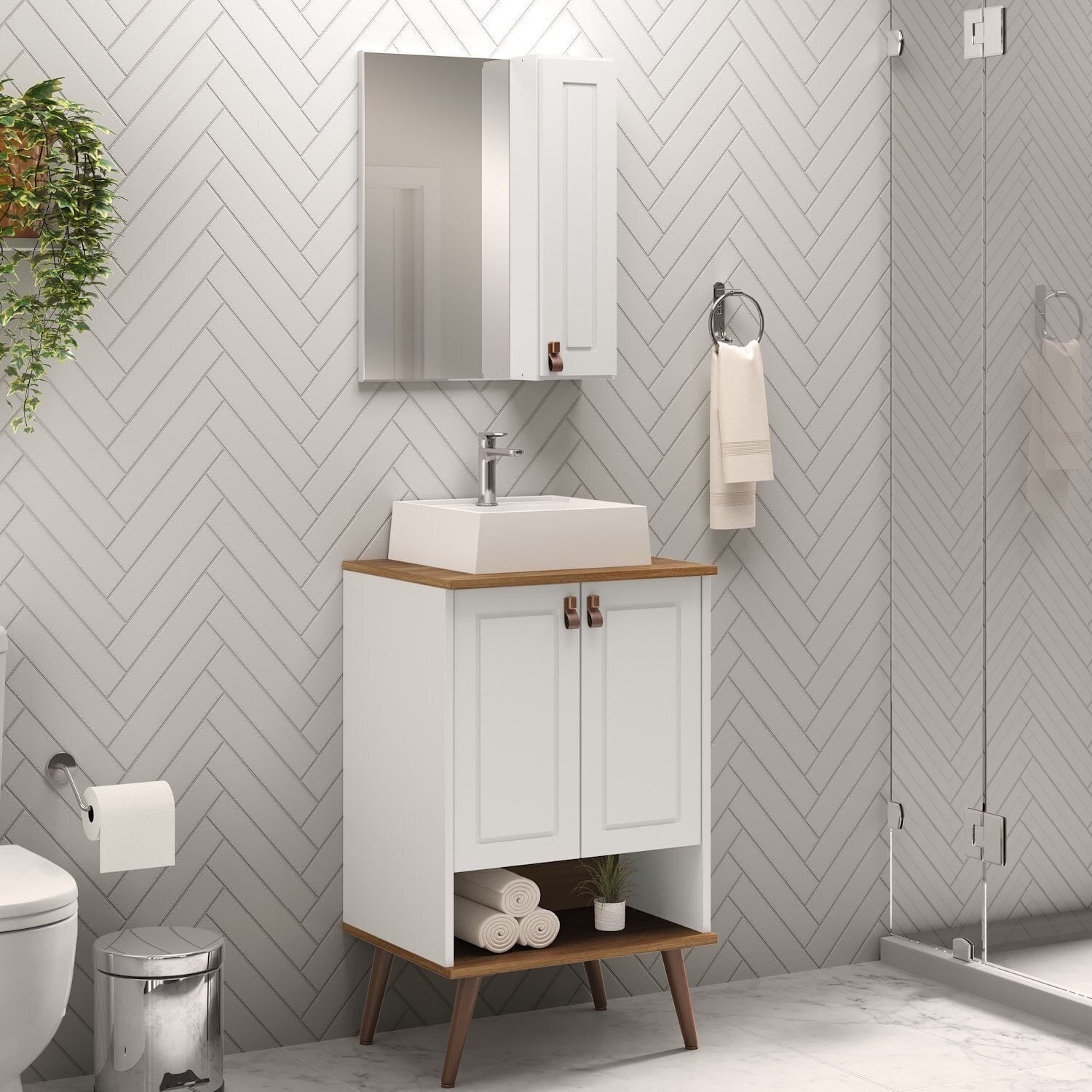 Gabinete Para Banheiro Com Cuba E Armário Com Espelho 50cm Denver Yescasa Branco/carvalho