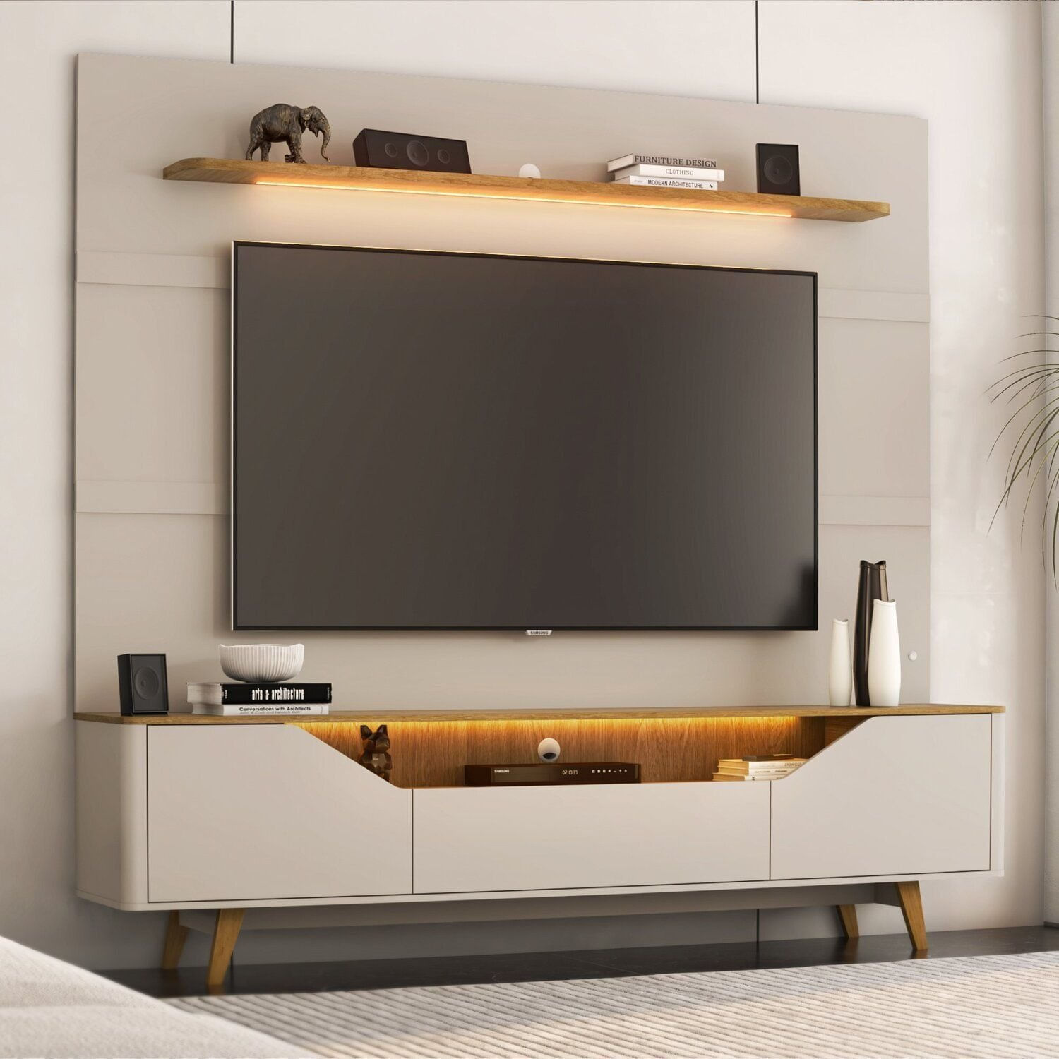 Rack Com Painel Para Tv 85 Polegadas Com Led Cooper Bege Dunas / Carvalho