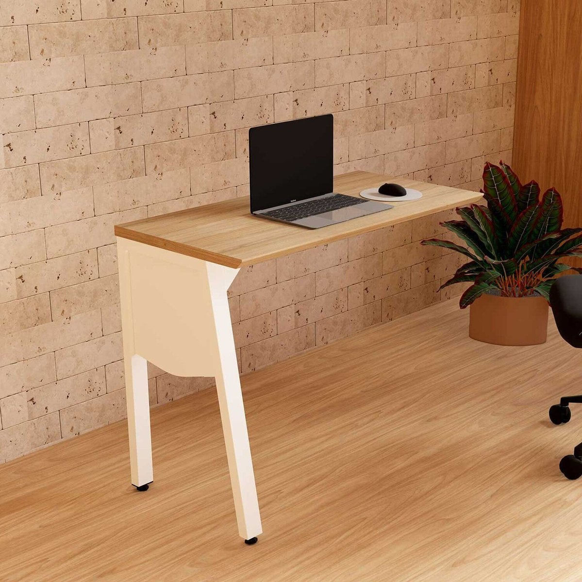 Mesa Auxiliar 90cm De Acoplar Com Tampo Chanfrado Pés Cavalete Para Escritório Industrial Executive Macadâmia Com Branco