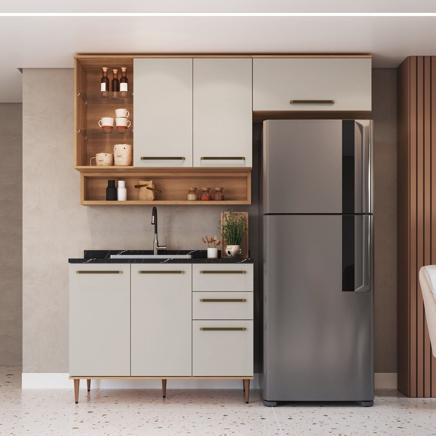 Cozinha Compacta 4 Peças Com Nicho Decorativo Isabelle Freijó / Arenas