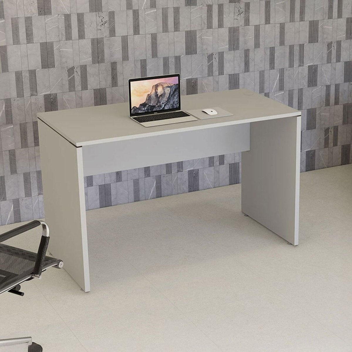 Mesa Escrivaninha Retangular 120cm X 74cm Escritório Pé Painel Com Passa Cabos Industrial Executive Cinza