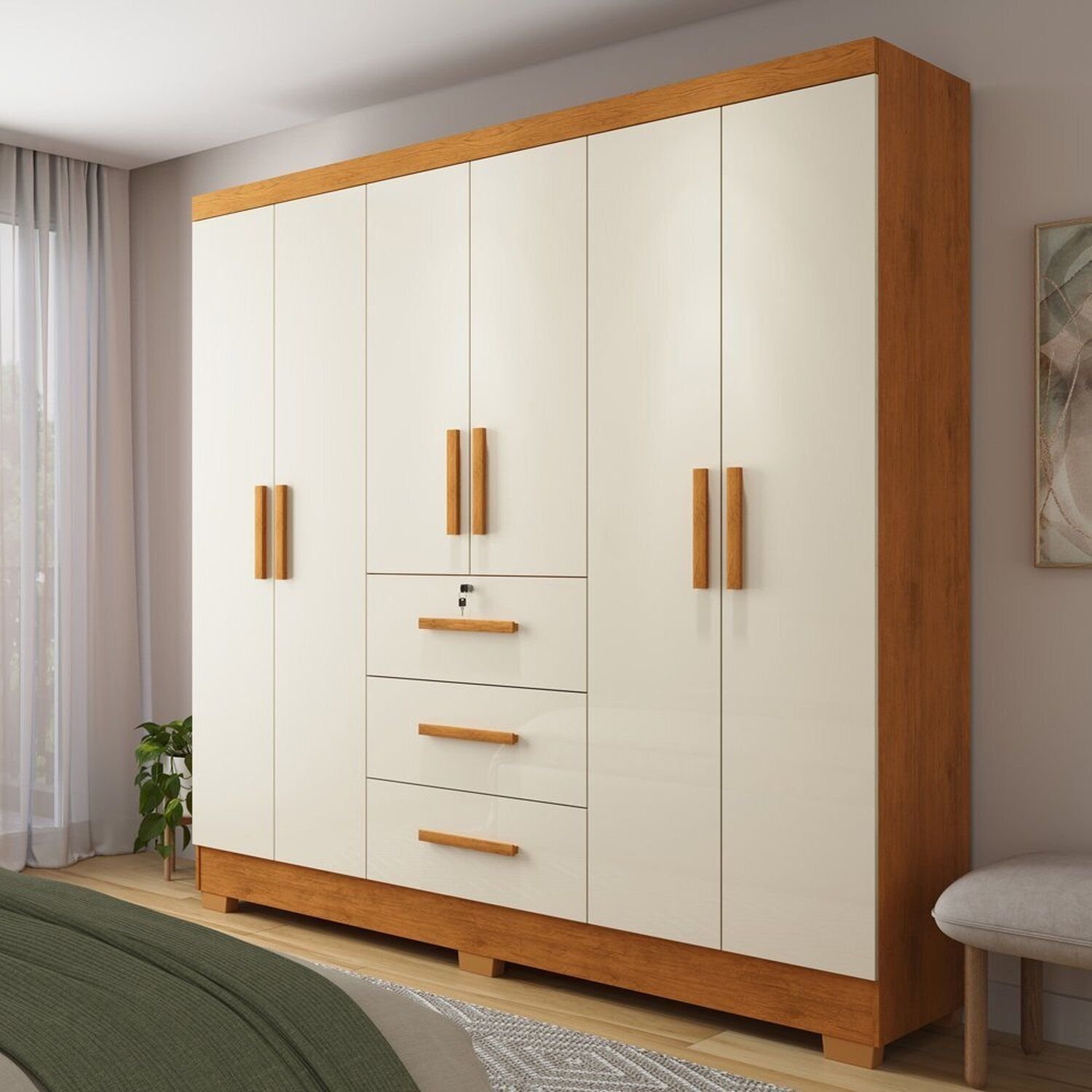 Guarda-roupa 6 Portas 3 Gavetas Amanda Nature / Off White