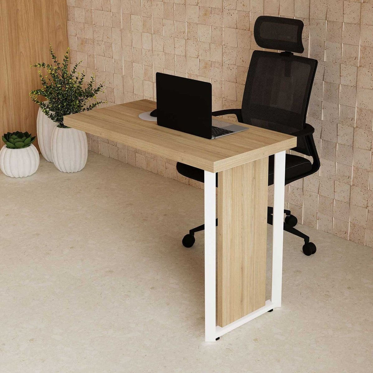 Mesa Auxiliar Escritório 90x120cm De Acoplar Direita E Esquerda Pés Metal Industrial Executive Macadâmia / Branco