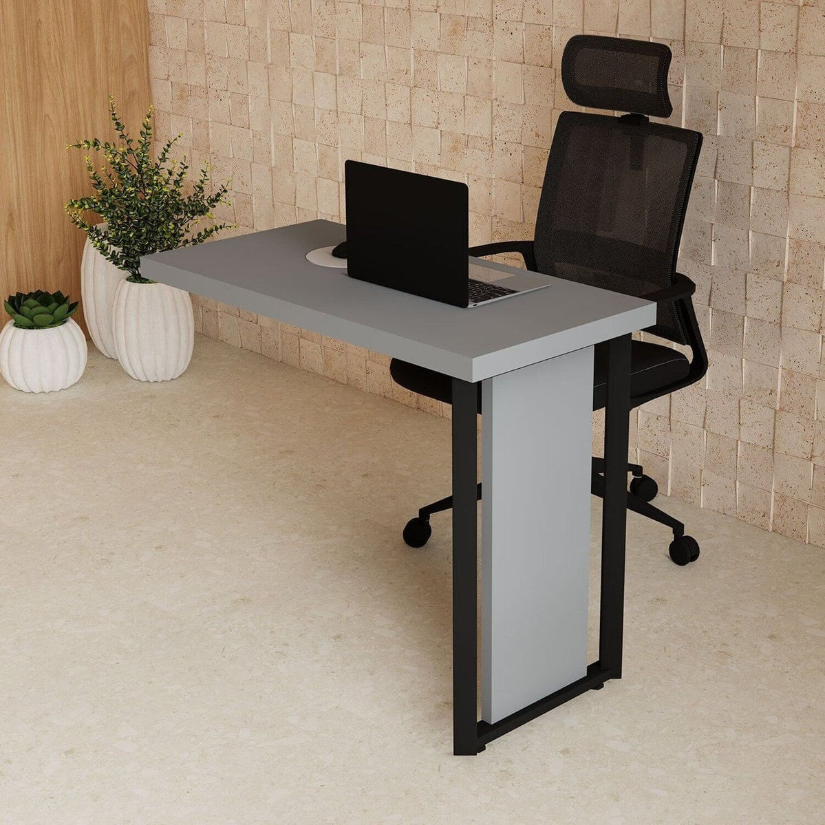 Mesa Auxiliar Escritório 90x120cm De Acoplar Direita E Esquerda Pés Metal Industrial Executive Cinza Sagrado / Preto