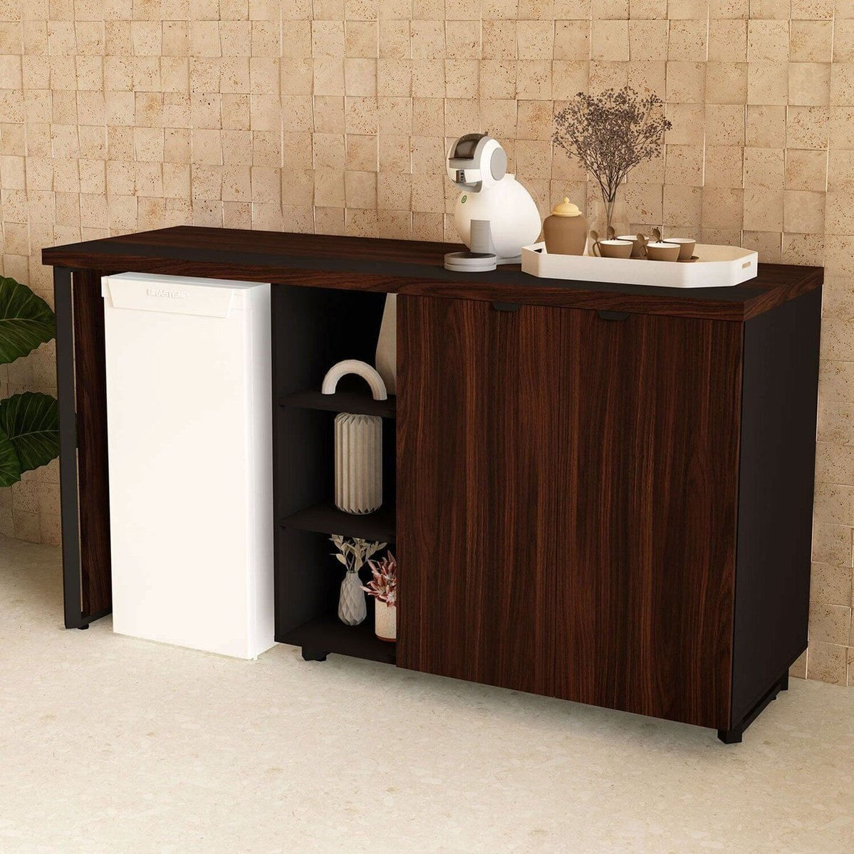 Aparador Frigobar Embutir Esquerdo Armário 2 Portas Com Pés Em Metal Corporate Louro Preto / Preto