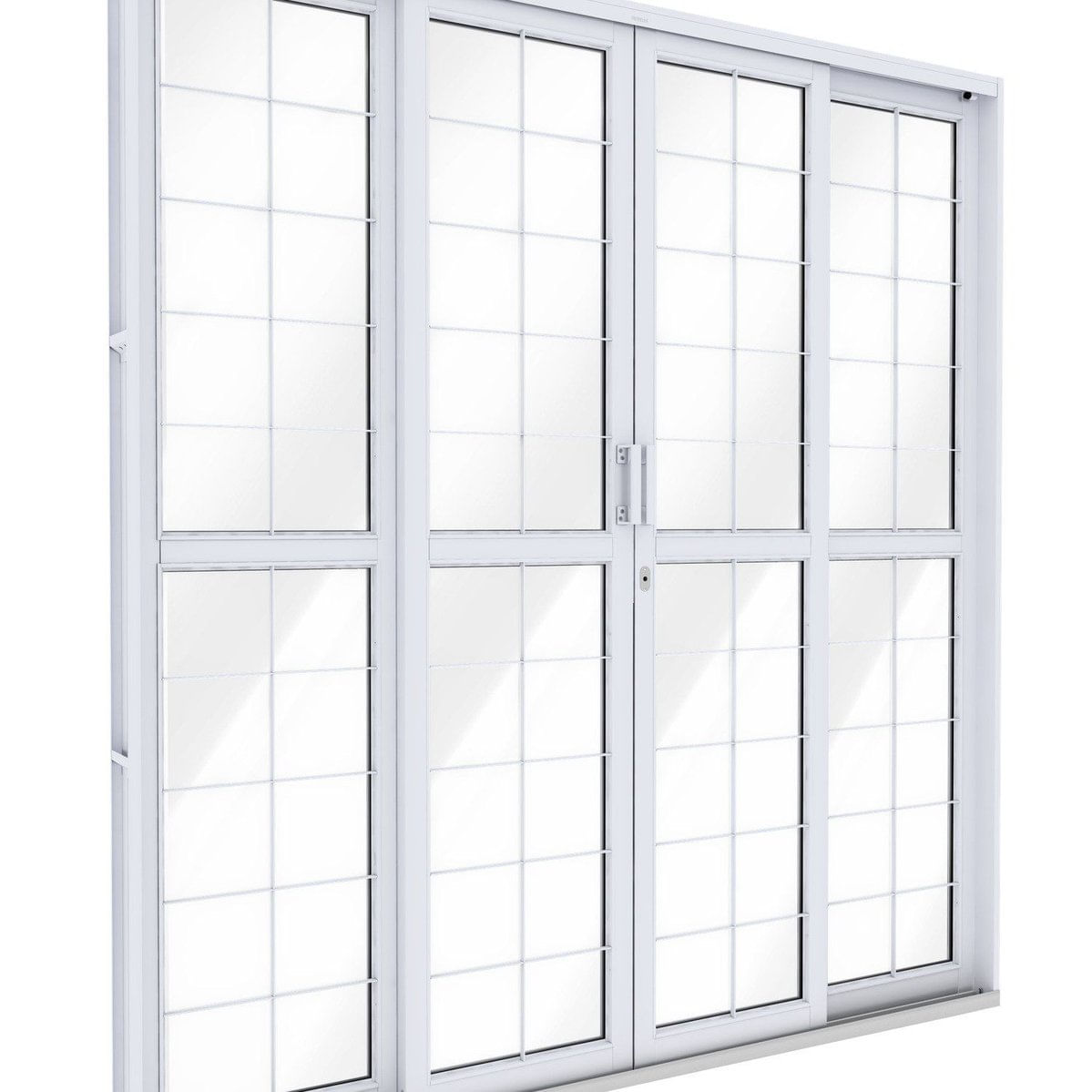 Porta De Aço De Correr Central Com Grade Quadrada 4 Folhas 213x200 Riobras Aço Pronto Branco