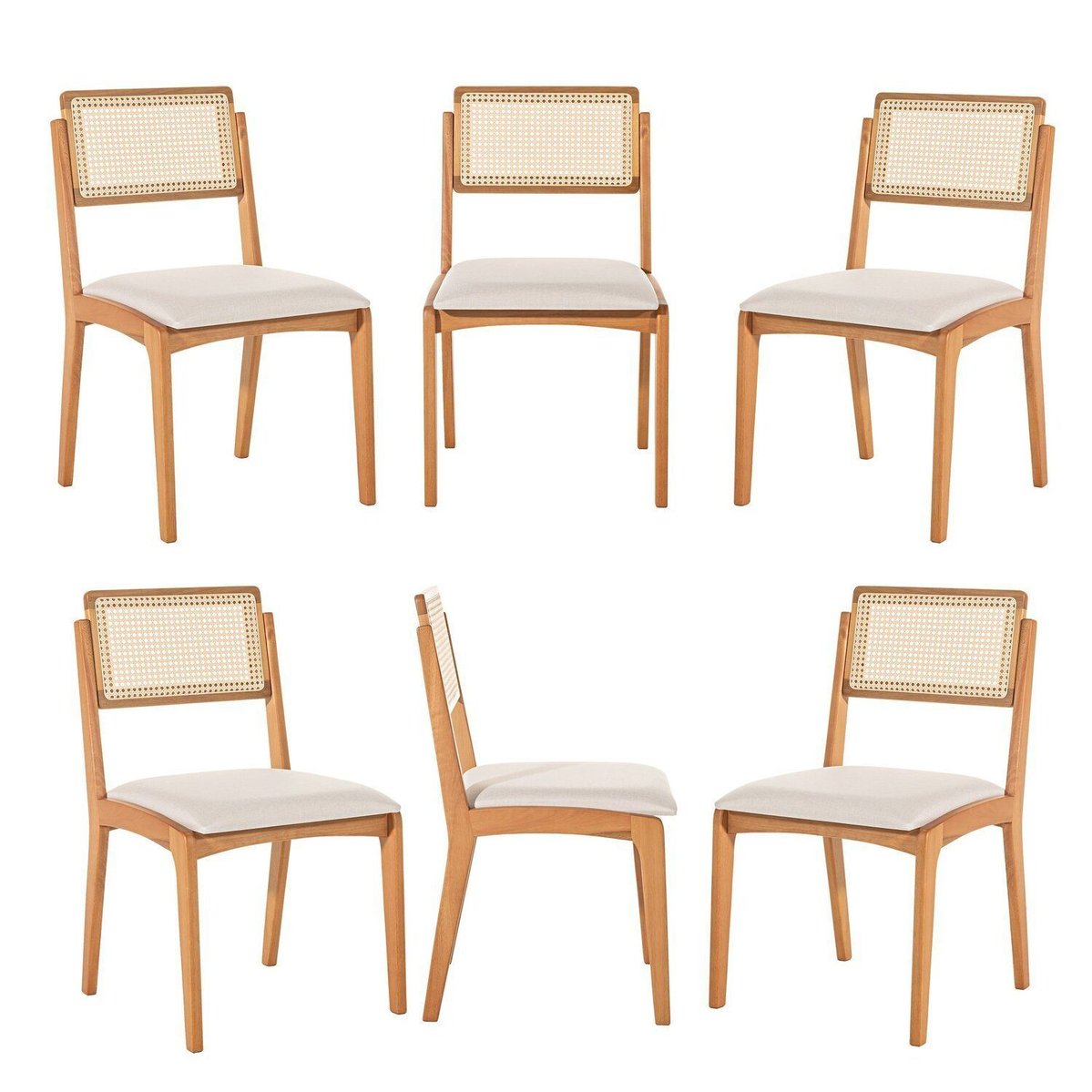 Kit 6 Cadeiras Com Encosto Tela Assento Estofado Verona Cru/verniz Mel