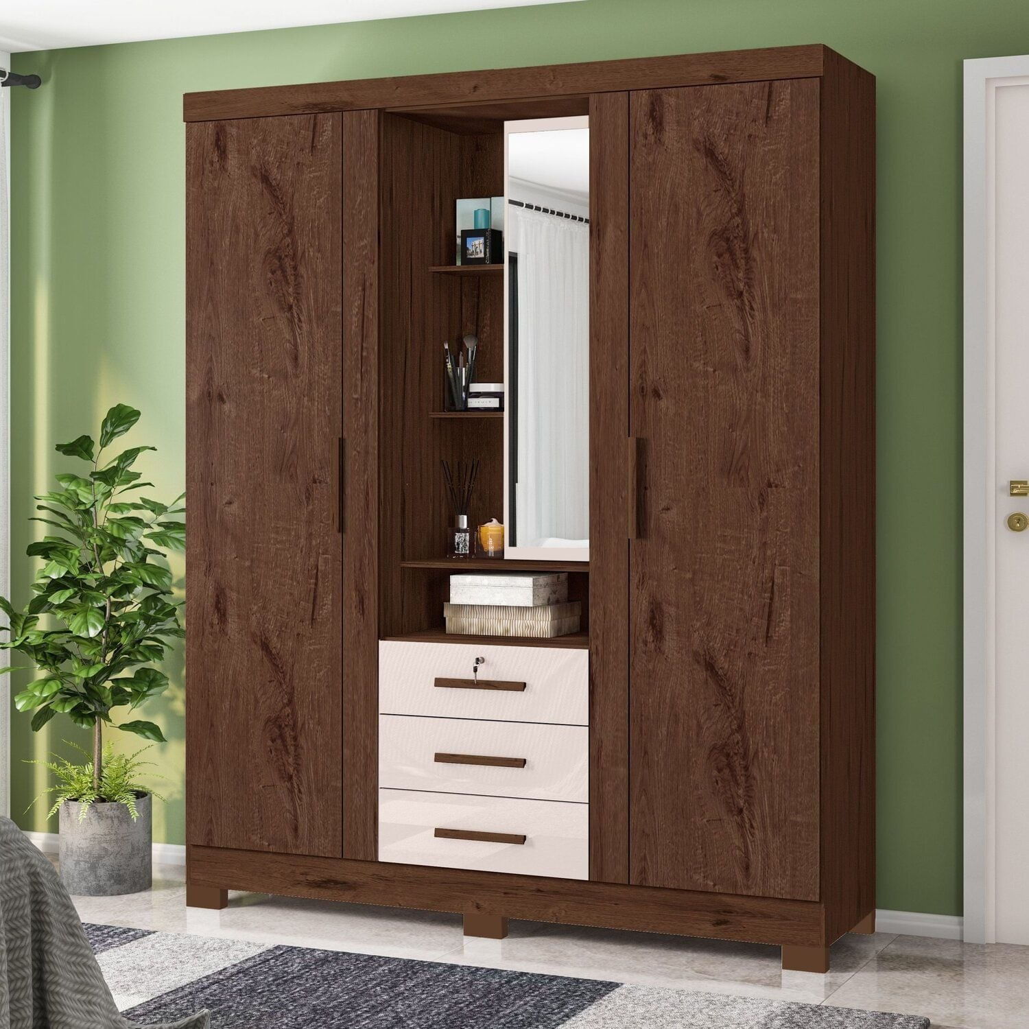 Guarda-roupa Solteiro 3 Portas 3 Gavetas Capelinha Premium Jacaranda / Off White