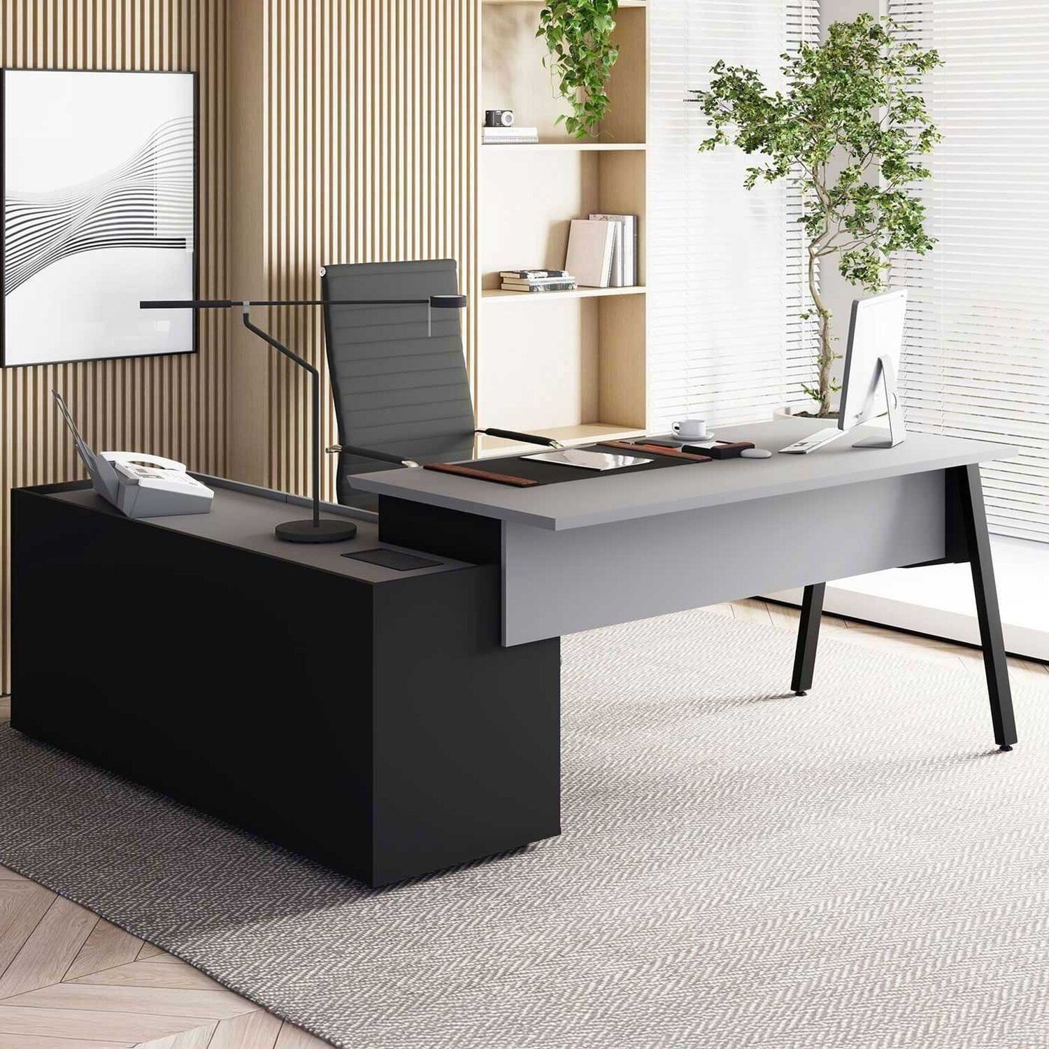 Mesa L Diretor Escritório 200cm Com Armário Lateral Tampo Cavado E Pés Metal Industrial Executive Cinza Sagrado / Preto