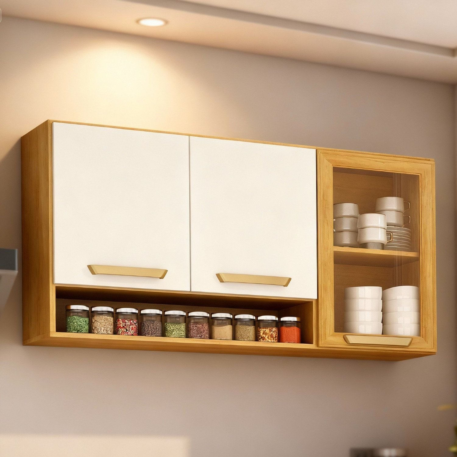 Armário Aéreo Com Vidro Reflecta E Porta-temperos Adele Cinamomo/ Off White Acetinado