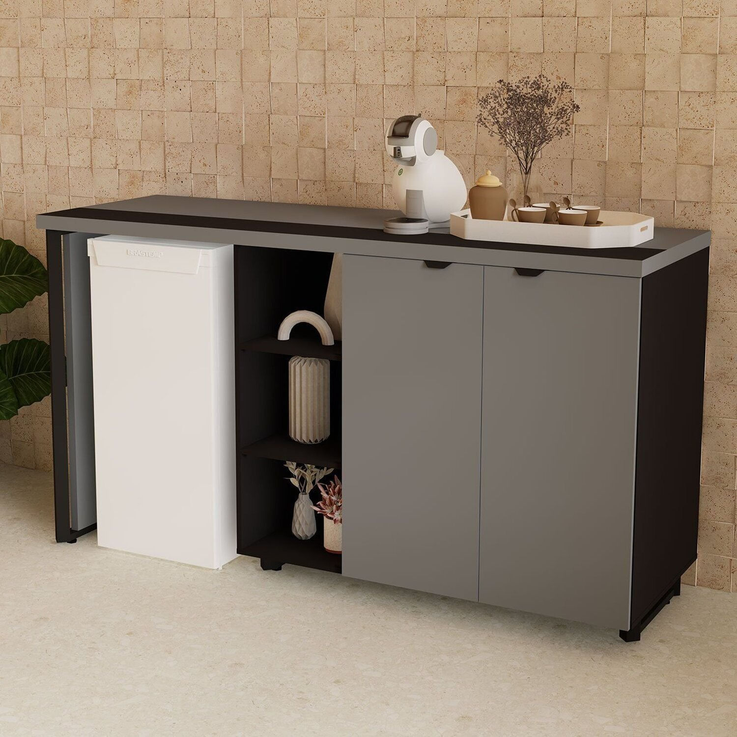 Aparador Frigobar Embutir Esquerdo Armário 2 Portas Com Pés Em Metal Corporate Cinza Sagrado / Preto