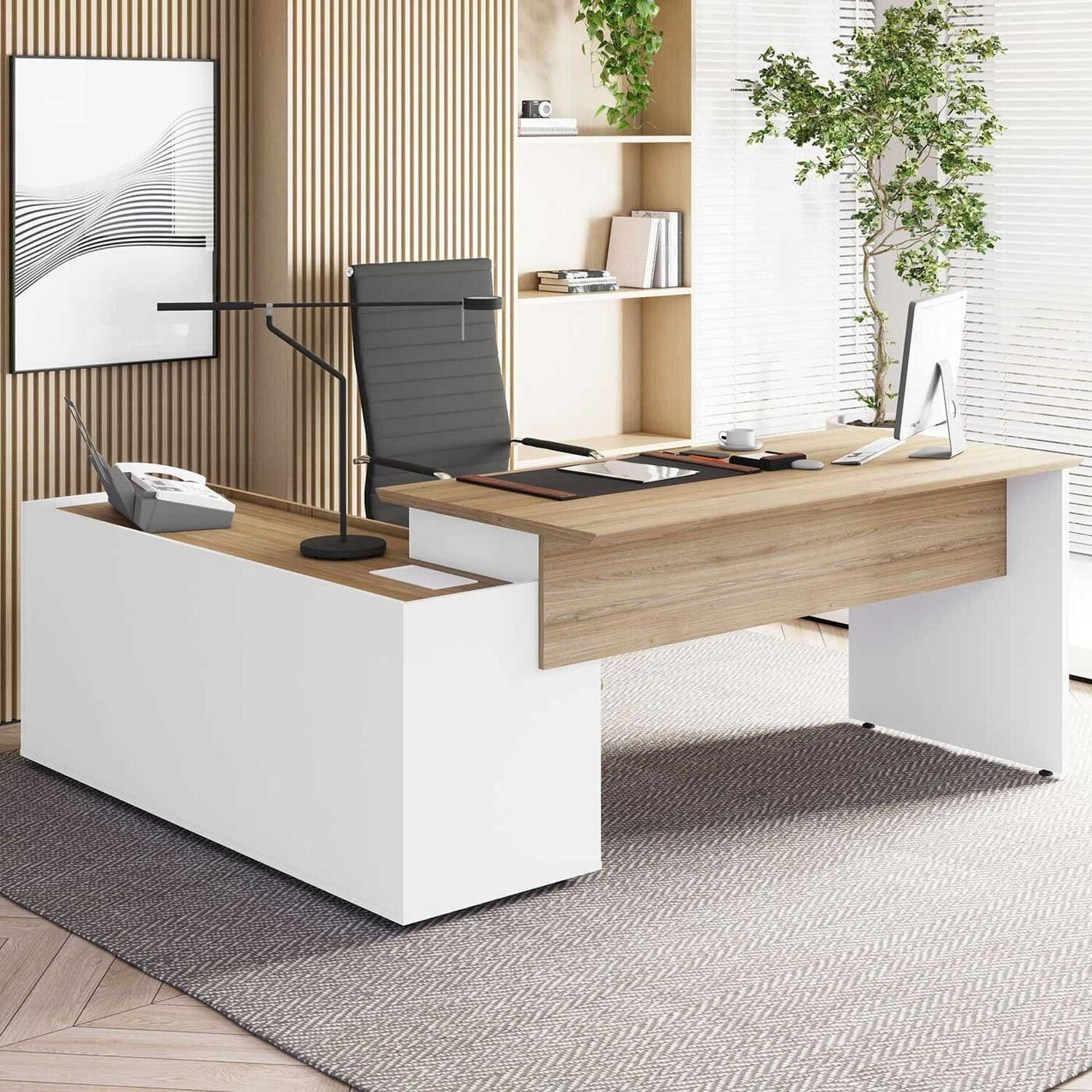 Mesa Em L Diretor 180x170cm Com Armário Lateral Caixa De Tomadas E Tampo Chanfrado Corporate Macadâmia / Branco