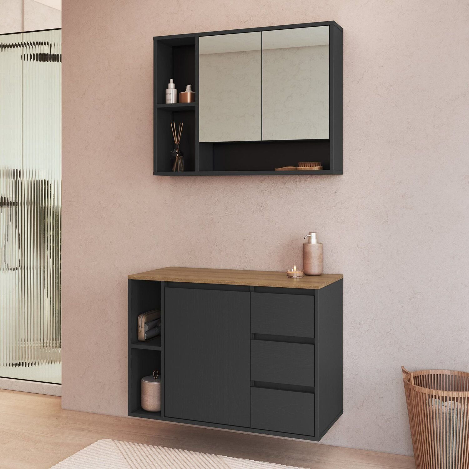 Conjunto Para Banheiro Gabinete Suspenso 80cm Com Espelheira Belagavi Grafite