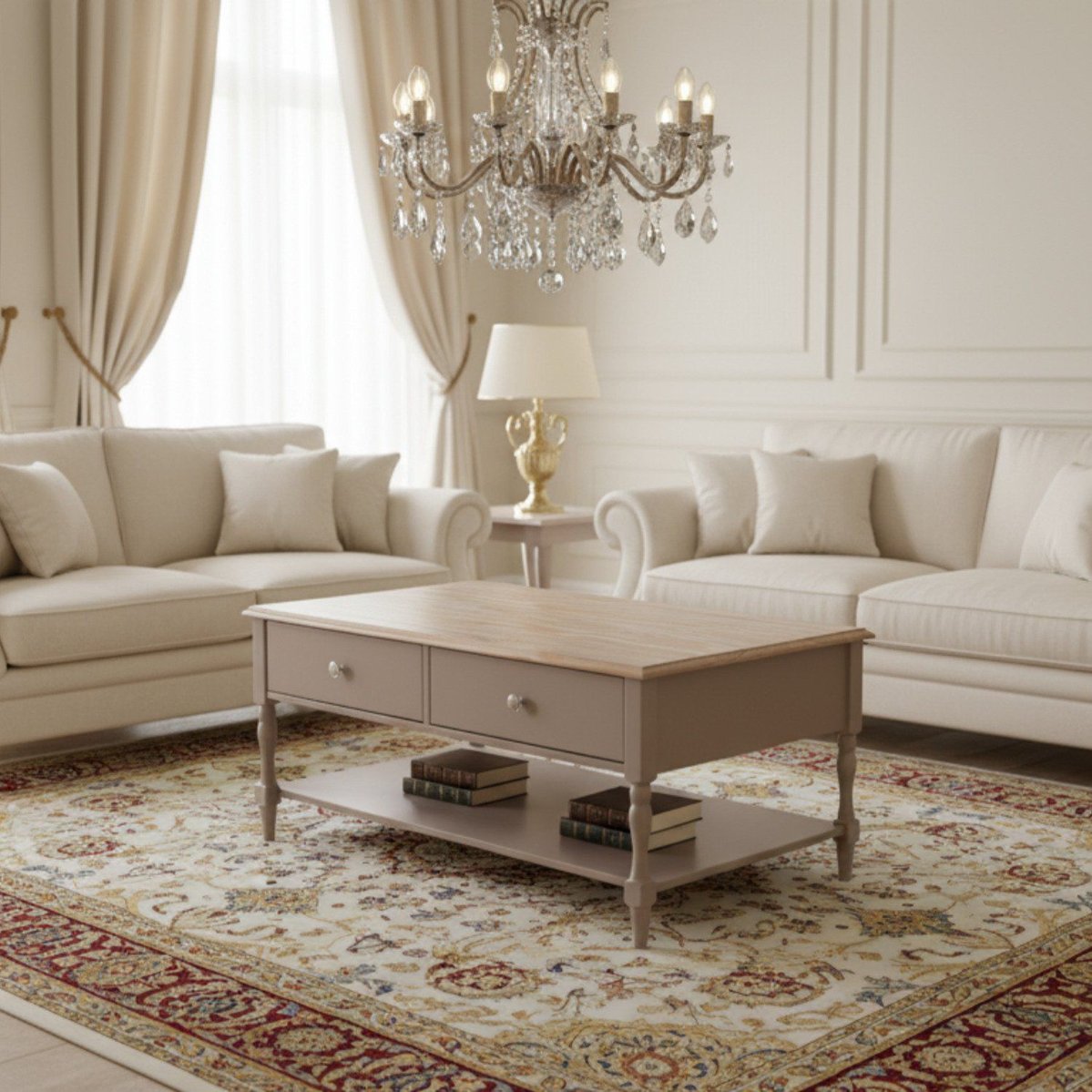 Mesa De Centro 2 Gavetas Tampo De Madeira Maciça Escovada Pés Torneados Louise Fendi/patina