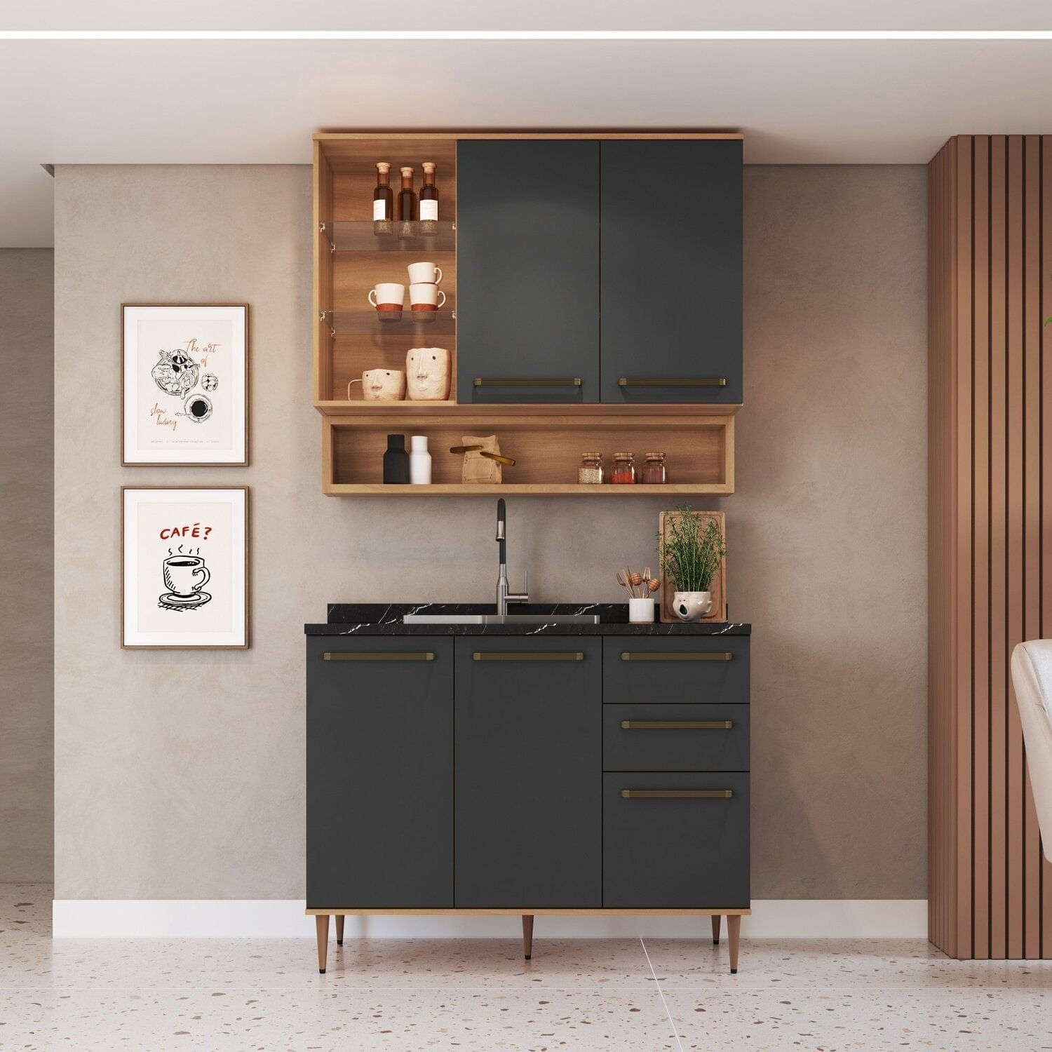 Cozinha Compacta 3 Peças Com Nicho Decorativo Isabelle Freijó / Grafite