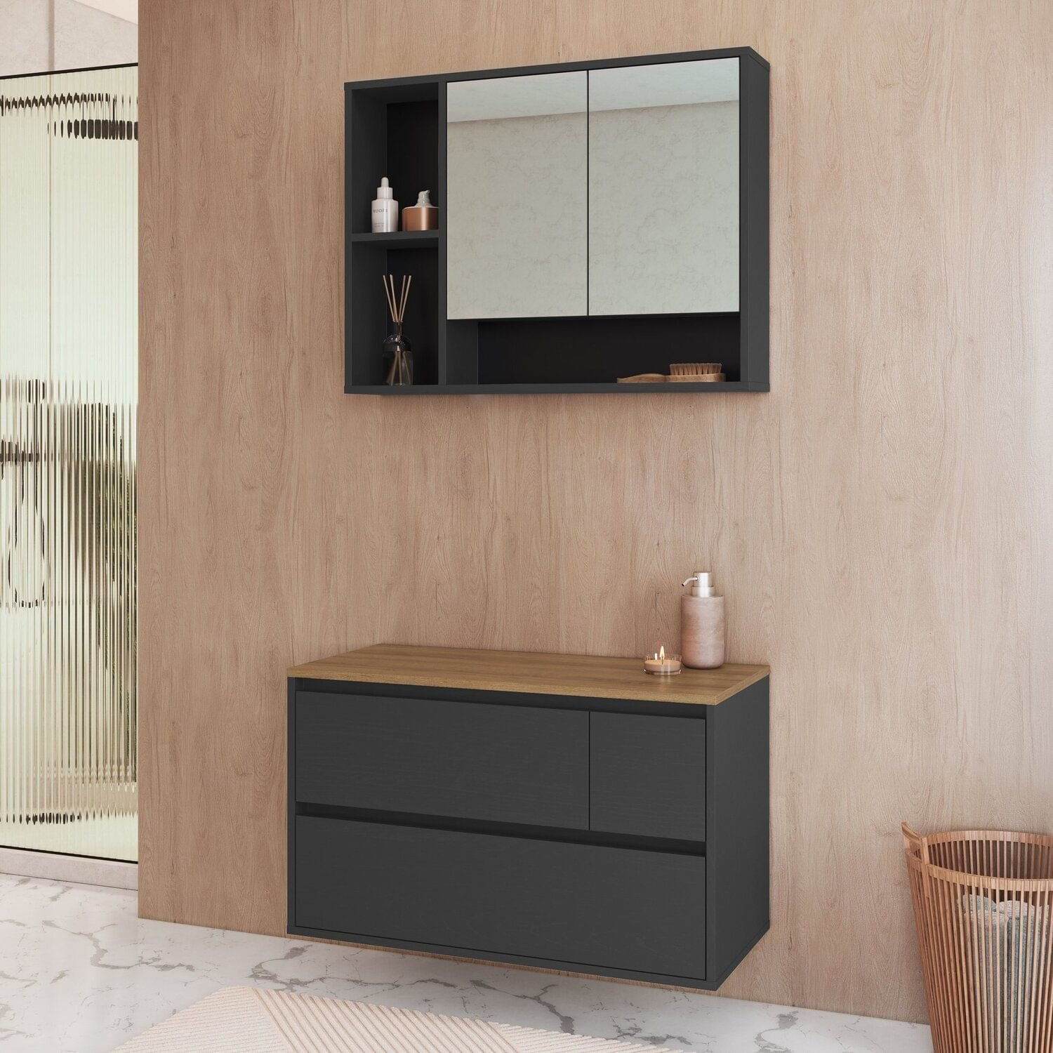 Conjunto Para Banheiro Gabinete Suspenso 80cm Com Espelheira Belarus Grafite