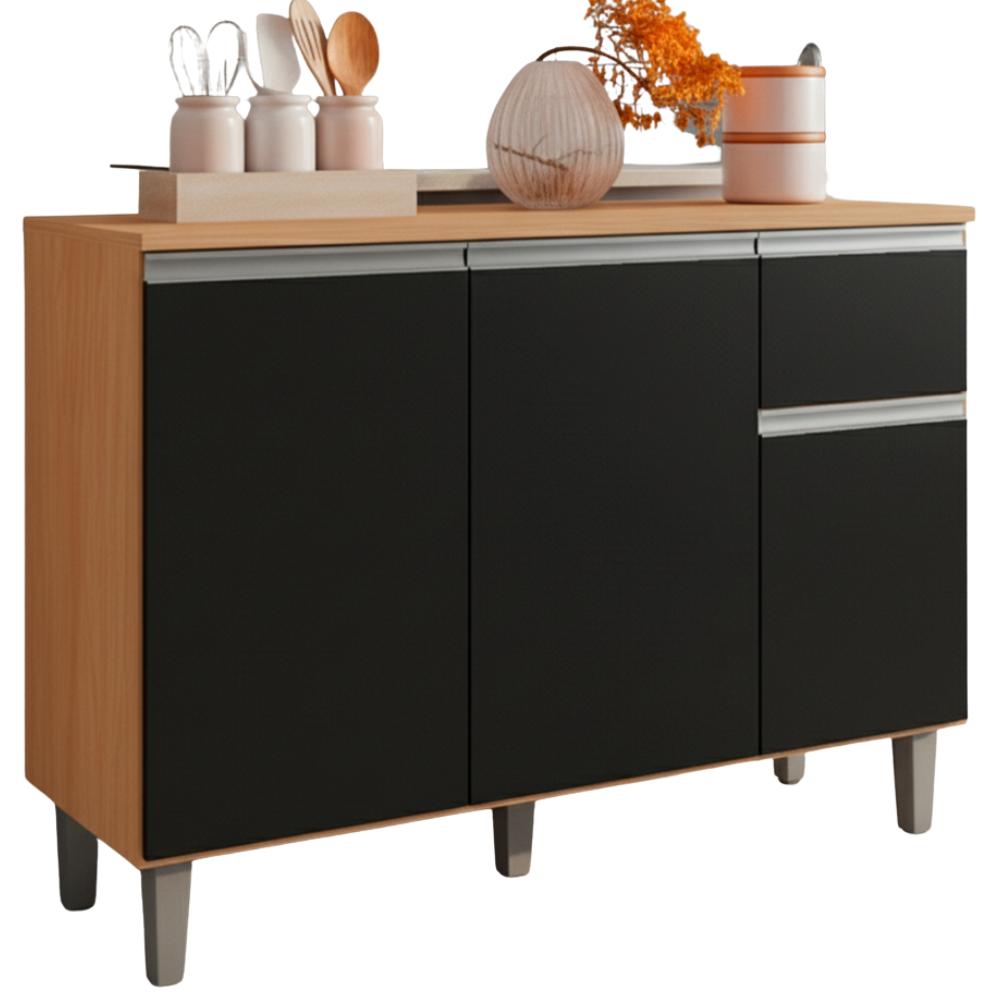 Balcao Com Tampo 105 Cm Vanessa Amendoa Preto Reajl Moveis