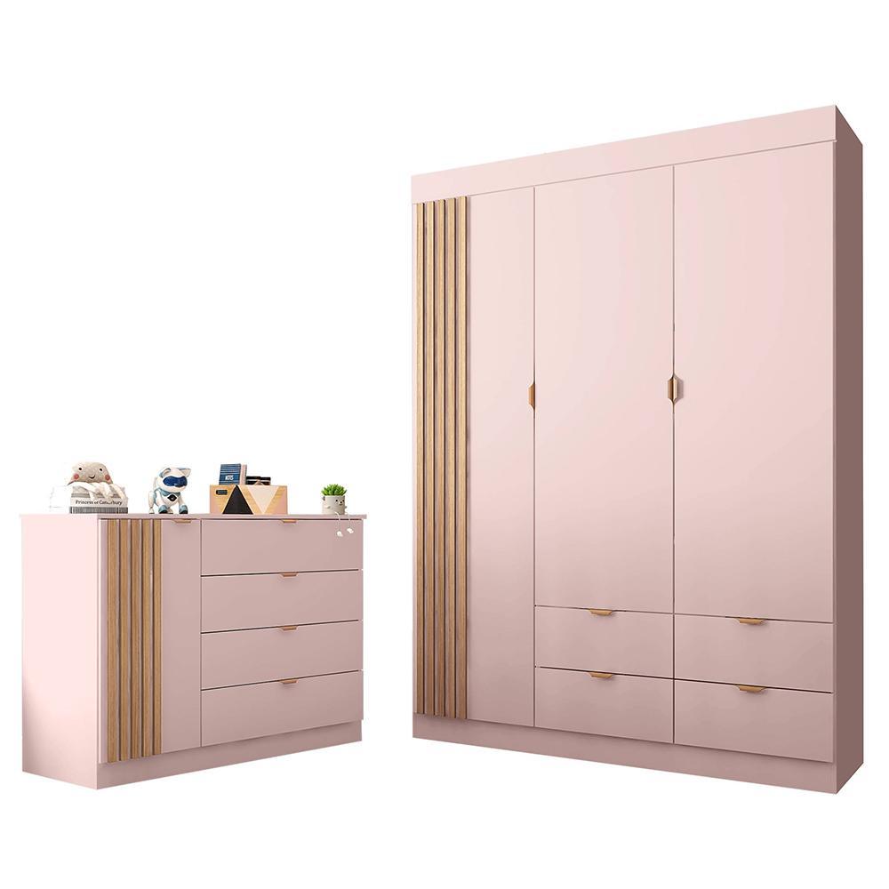 Jogo De Quarto Infantil Ayla Com Guarda Roupa E Cômoda Rosê Acetinado - Phoenix Baby