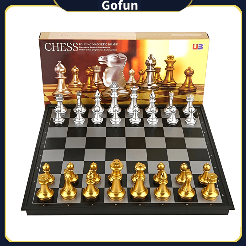 Conjunto De Xadrez Magnético Ub Dourado E Prateado Com Caixa De Plástico