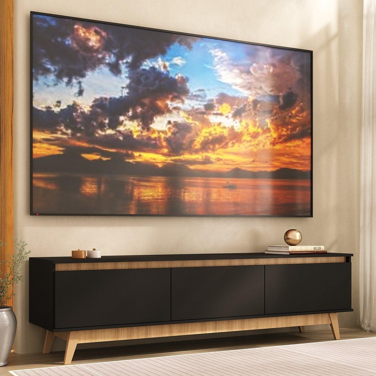 Rack Para Tv Até 80 Polegadas 180cm 3 Portas Retrô Multimóveis Mp1103 Preto/madeirado