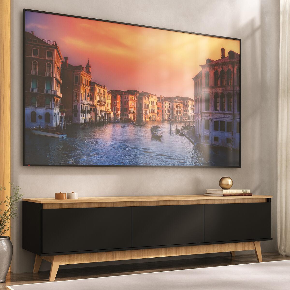 Rack Para Tv Até 80 Polegadas 180cm 3 Portas Retrô Multimóveis Mp1103 Madeirado/preto