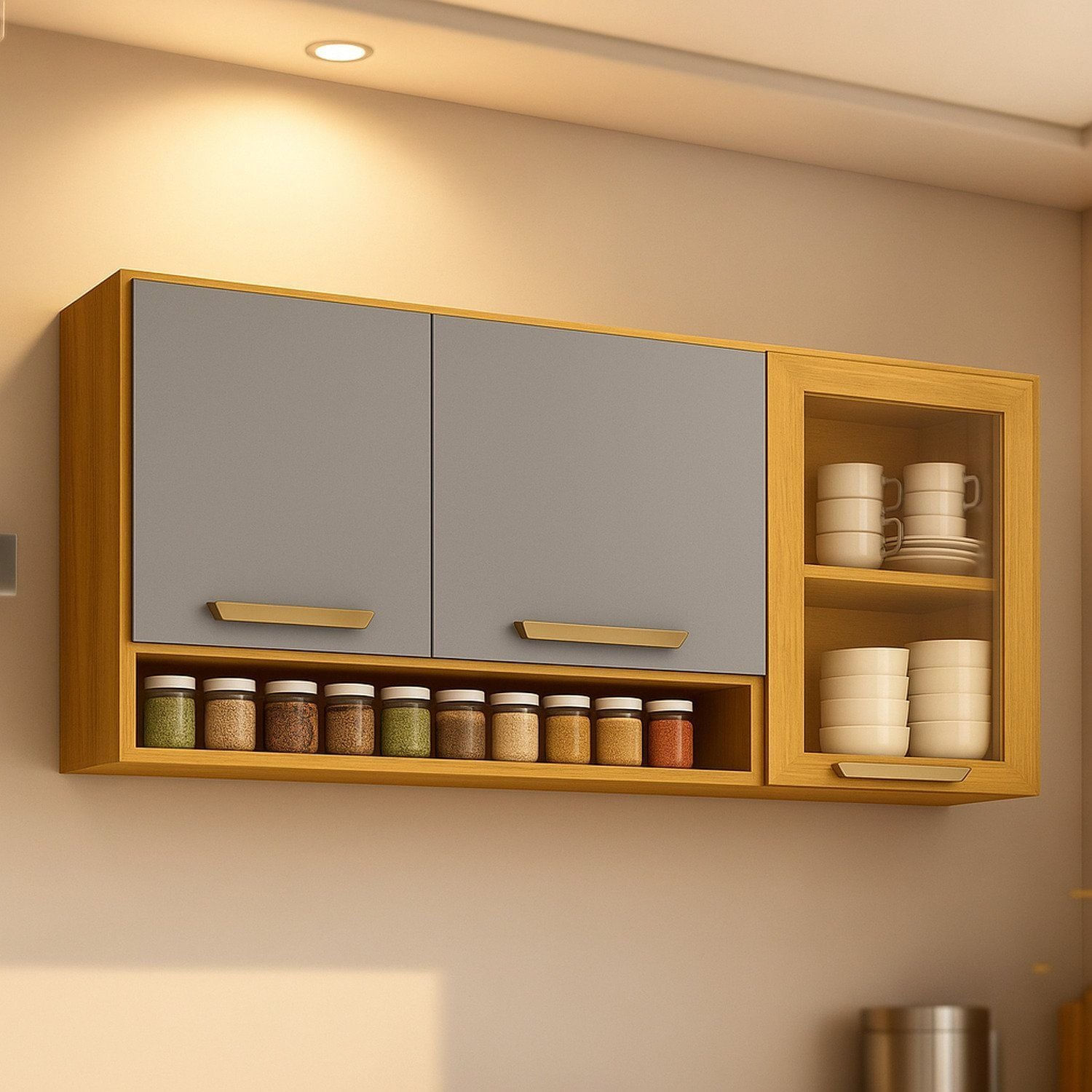 Armário Aéreo Com Vidro Reflecta E Porta-temperos Adele Cinamomo/ Cinza Acetinado