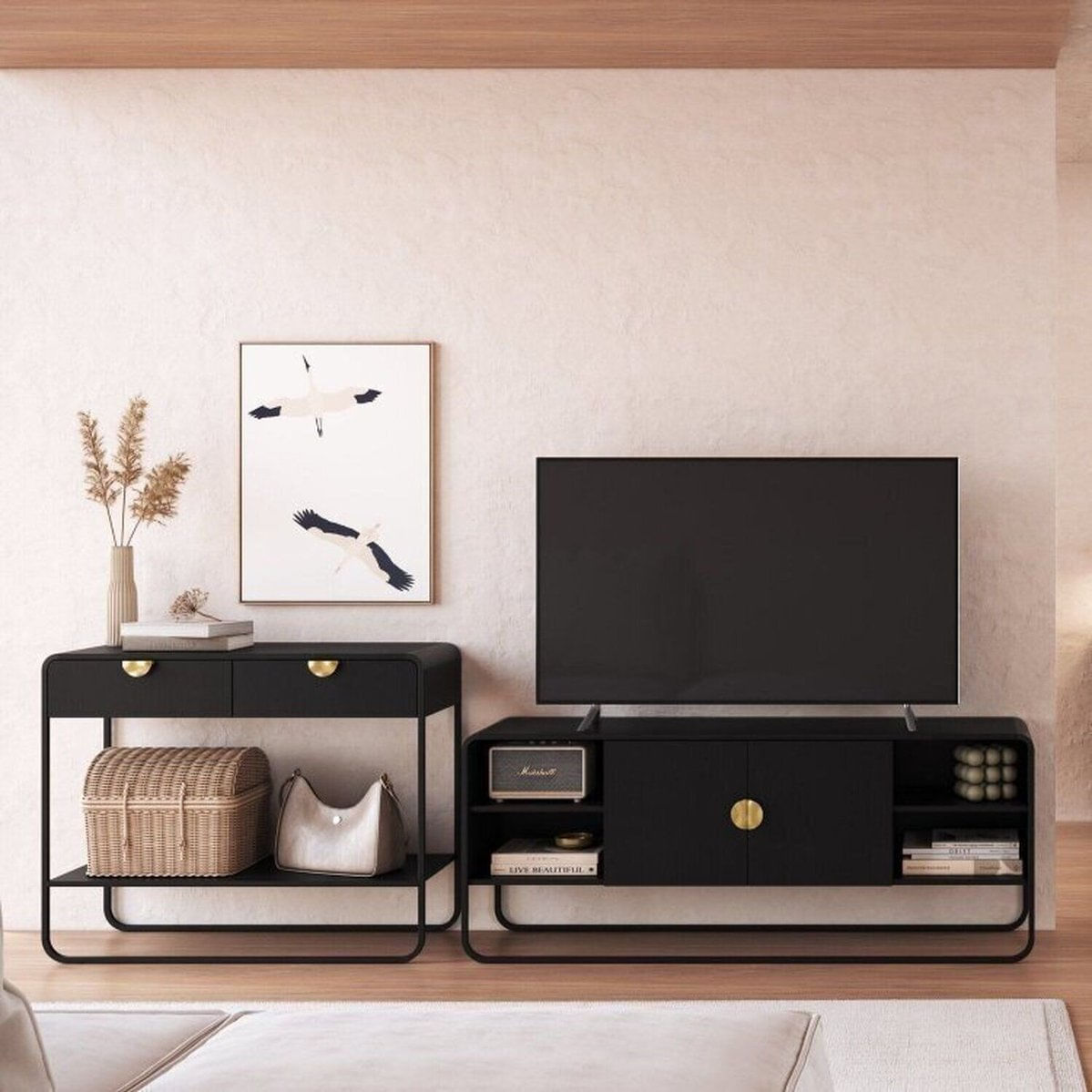 Kit Aparador E Rack Orgânico Pé Metal Luna Nero/preto