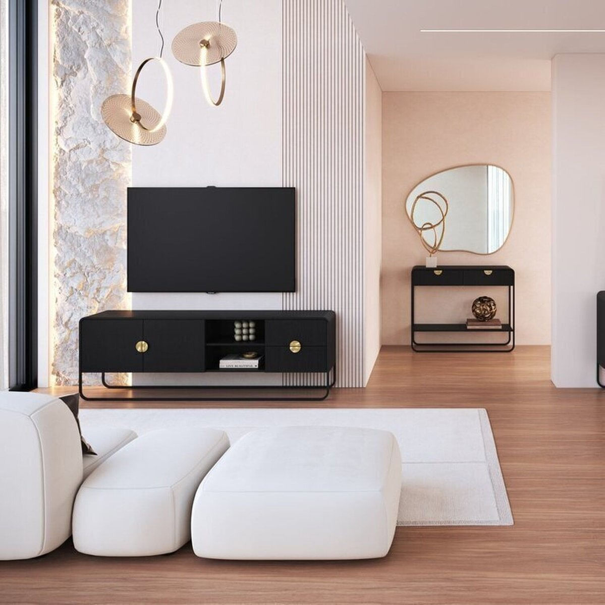 Kit Aparador E Rack Orgânico Pé Metal Luna Nero/preto