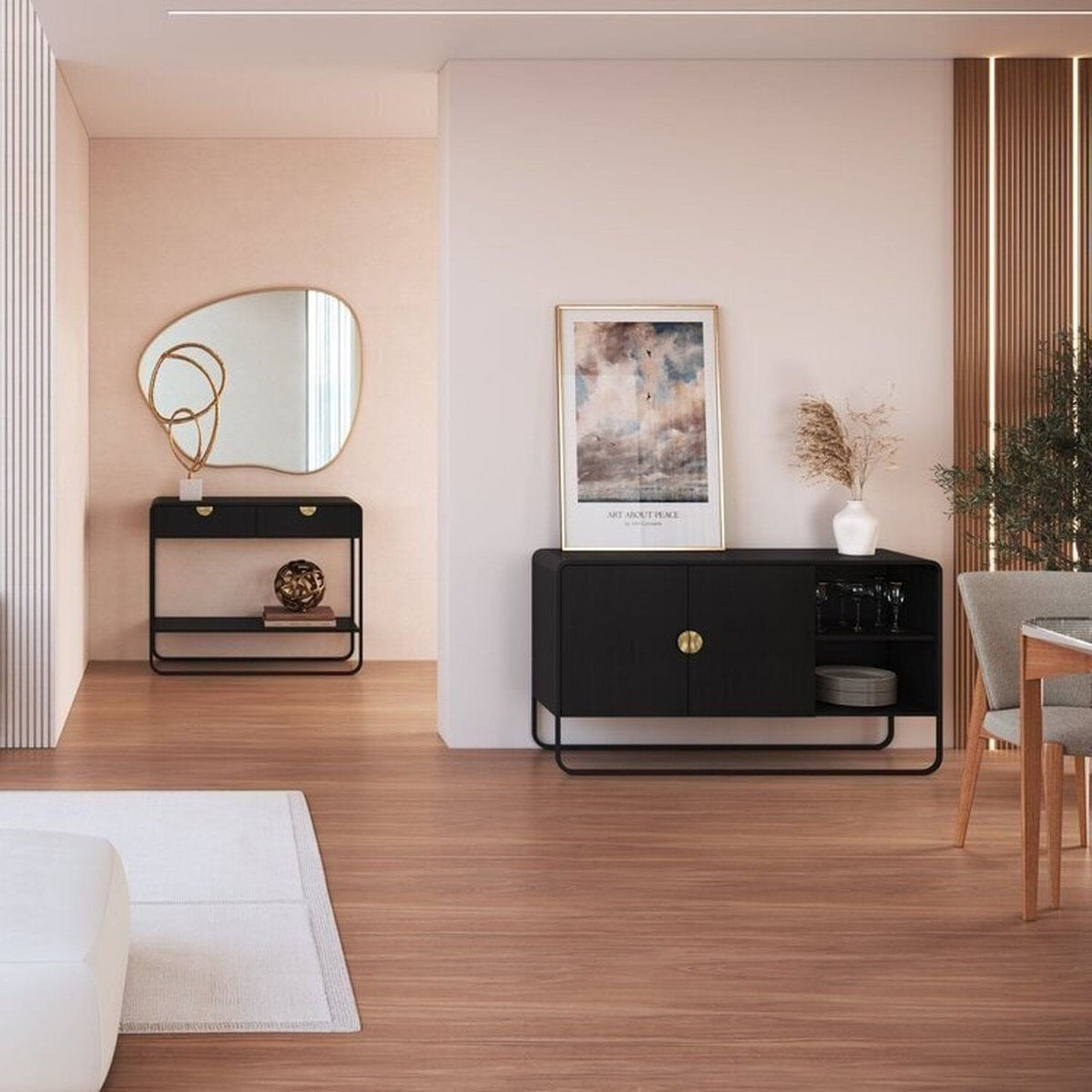 Kit Aparador E Buffet Orgânico Pé Metal Luna Nero/preto