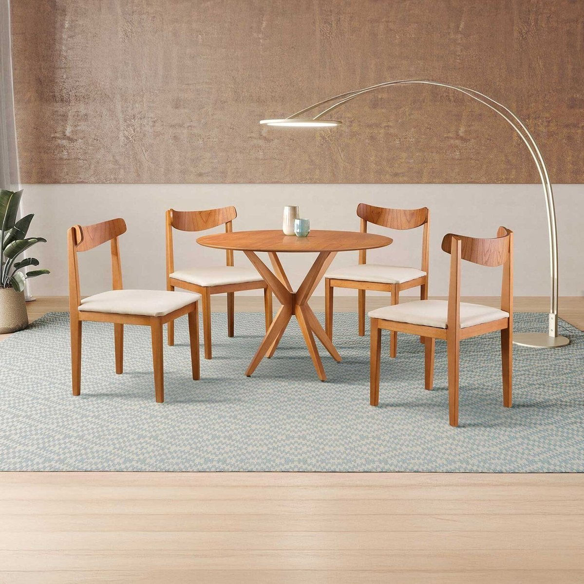 Conjunto De Sala De Jantar Mesa 100cm Com 4 Cadeiras Aurora Nude/freijó