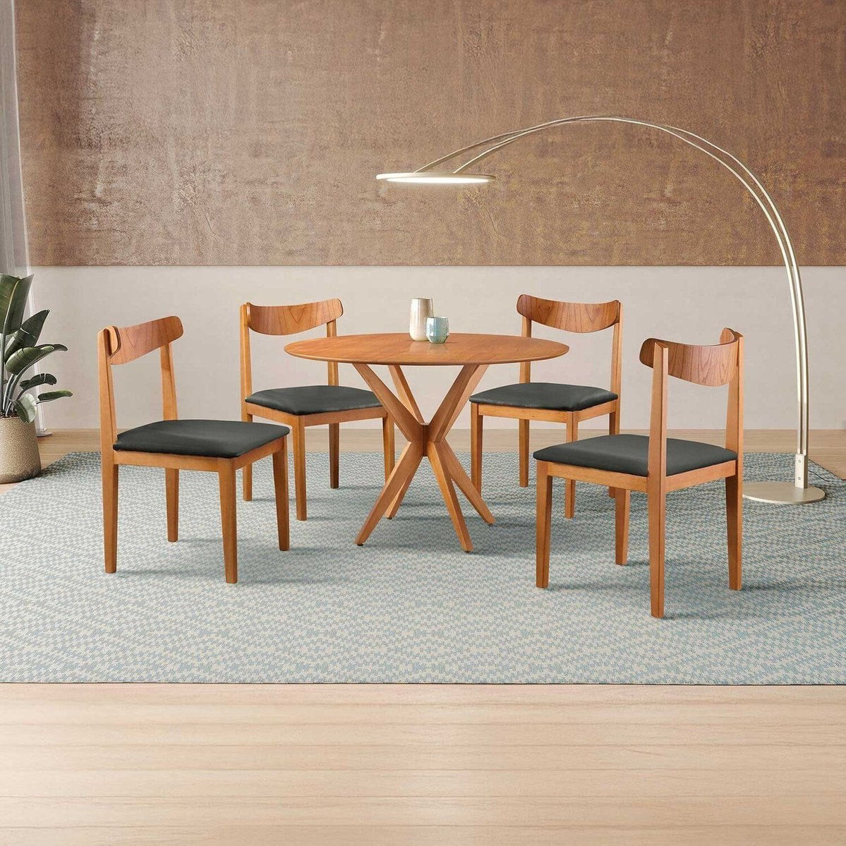 Conjunto De Sala De Jantar Mesa 100cm Com 4 Cadeiras Aurora Preto/freijó