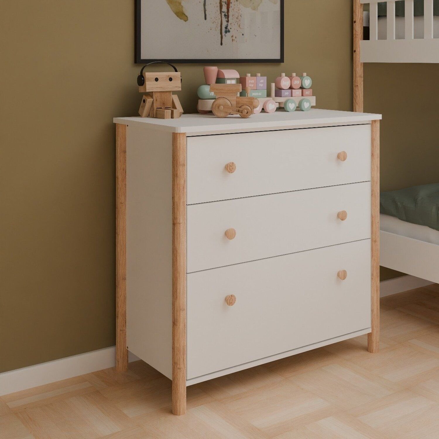 Cômoda Infantil 3 Gavetas Arredus Em Madeira Maciça / Mdf Branco/natural