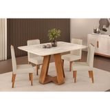 Sala De Jantar Completa Celeste C/ Tampo Madeirado C/ Vidro Curvo 120x90cm E 4 Cadeiras Lia Freijo/off White - Linho Neve - Dj Móveis