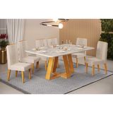Sala De Jantar Completa Celeste C/ Tampo Madeirado Retangular 170x90cm E 6 Cadeiras Lia Cedro/quartzo - Linho Neve - Dj Móveis
